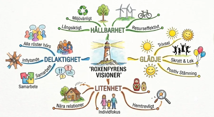 Tankekarta över Roxenfyrens fyra grundpelare: Hållbarhet, Delaktighet, Glädje och Litenhet